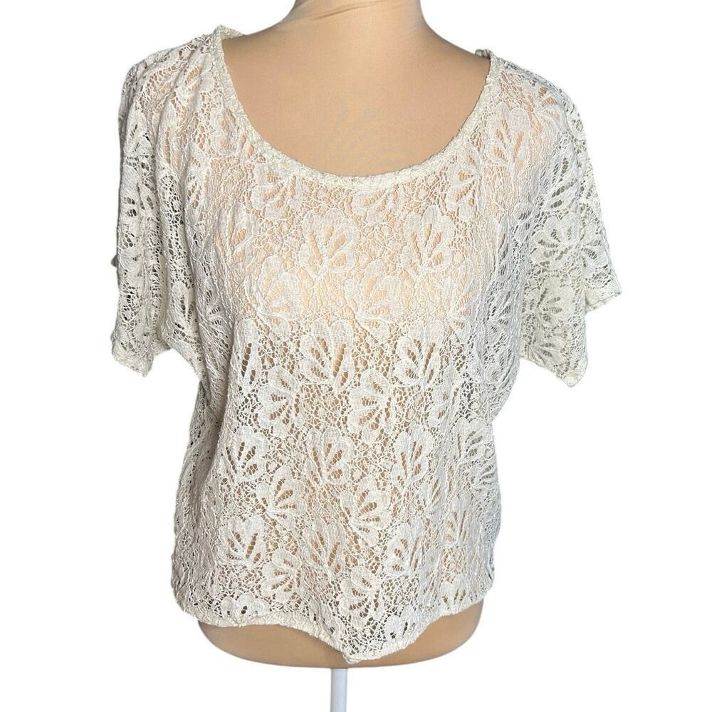 BCX Ivory Floral Lace Crochet Top Women's Size L Boho Sheer Cream Blouse Cottage